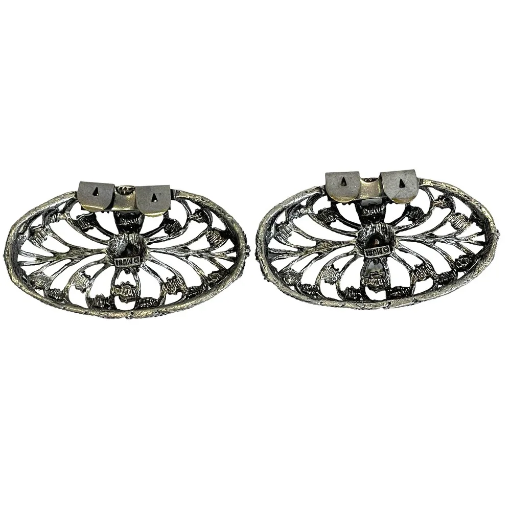 Vintage MUSI Shoe Clips Silver Tone Ornate Design Set Of 2 with Rhinestones